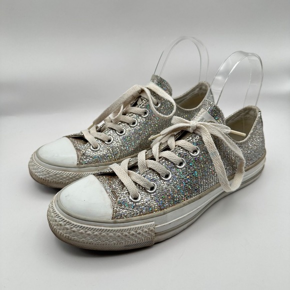 Converse Silver Bling Sparkles Chuck Taylor Shoes‎ Womens 7 Bridal Wedding - Picture 1 of 10